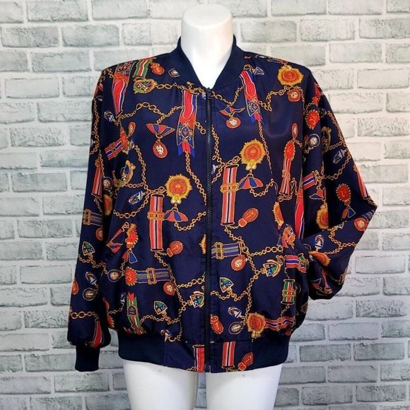 Vintage 90s Alfred Dunner Designer Navy Gold Chains‎ Medals Printed Satin Bomber - Picture 1 of 8